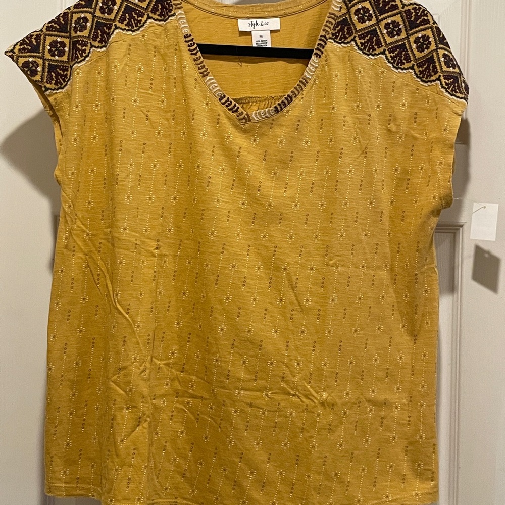 Style & Co. Mustard Yellow Blouse with Patterned Shoulders